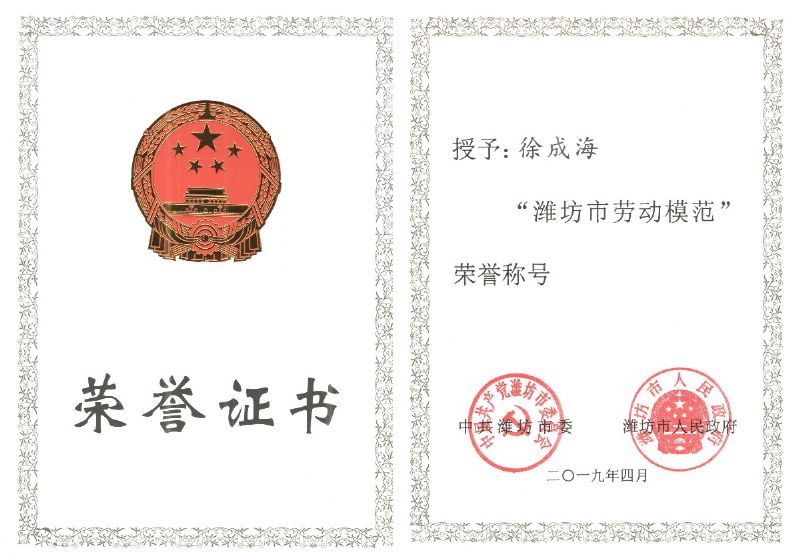 【員工風(fēng)采】龍港無機(jī)硅員工徐成海榮獲“濰坊市勞動(dòng)模范”榮譽(yù)稱號(hào)！